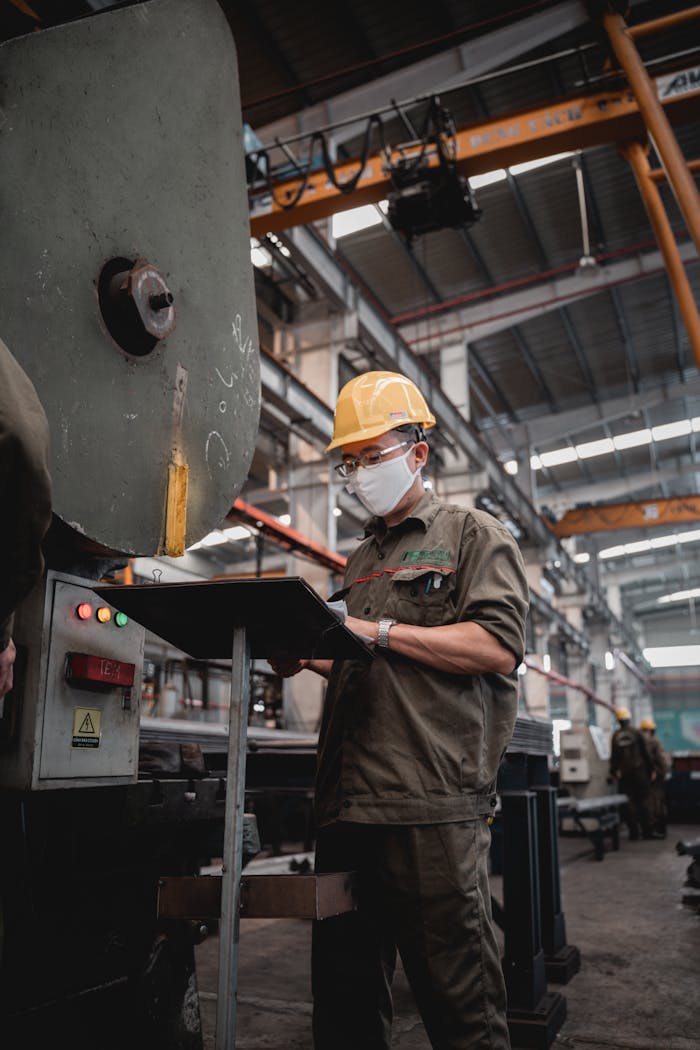 Factory worker with safety gear checks machinery, ensuring industrial safety compliance.